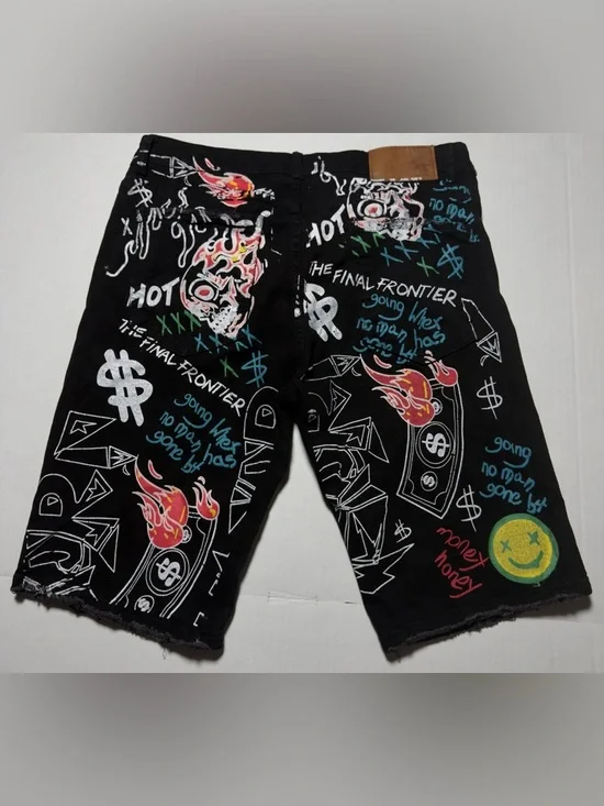 Men's Black Graphic Jean Shorts with Multicolor Street Art - Picture 2 of 11
